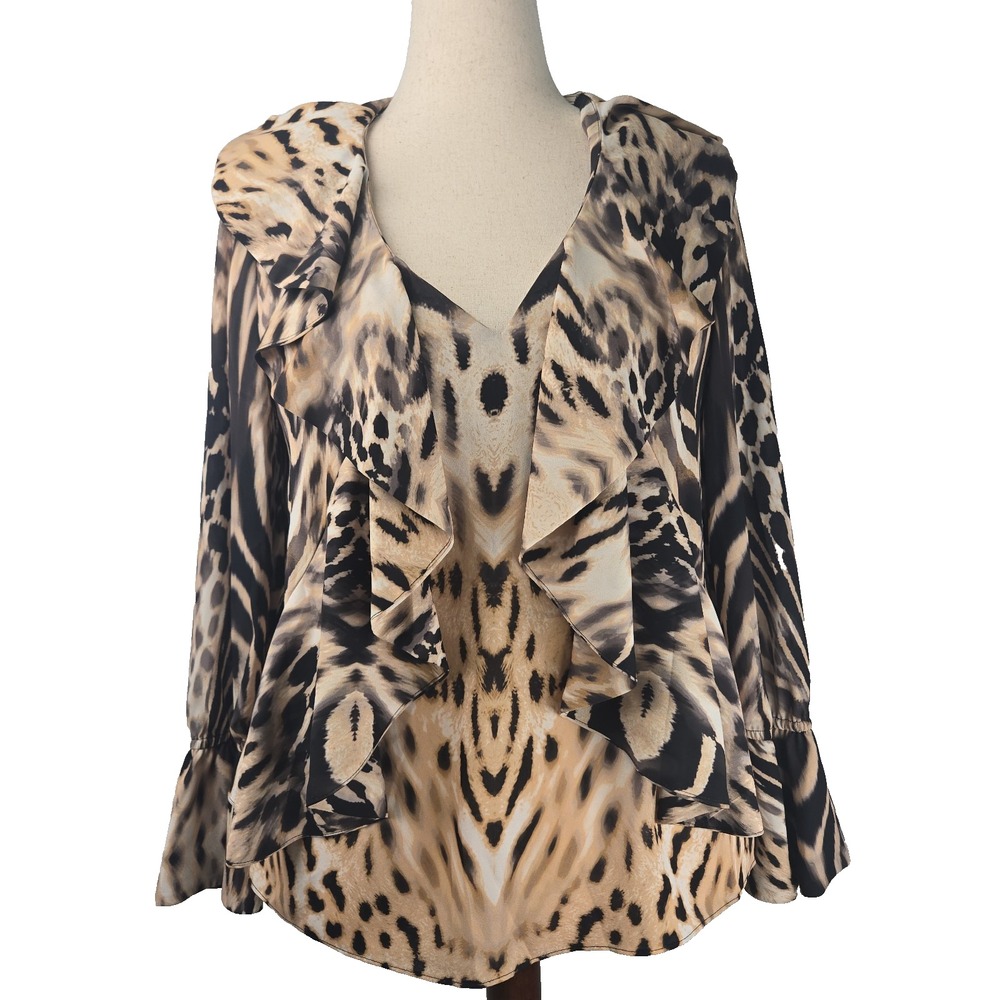 Black Label By Chico's Size M Animal Print Ruffle Neckline Long Sleeve Blouse